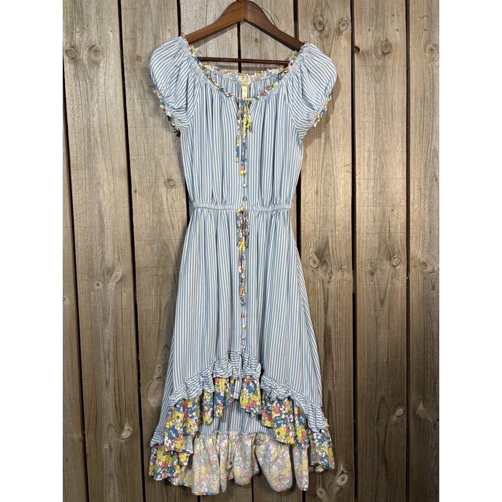 MATILDA JANE Come Away With Me Dress Blue Stripe Floral Ruffles Peasant Women XS